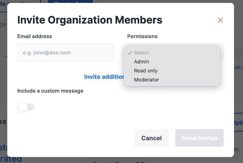 The invite modal has a field for email address, the permissions profile, and a message to the recipient